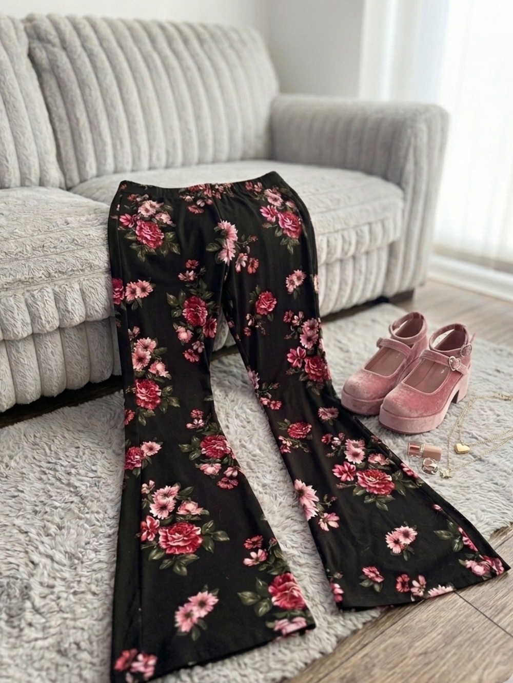 Floral Wide Leg Pants - Black with Pink Roses
